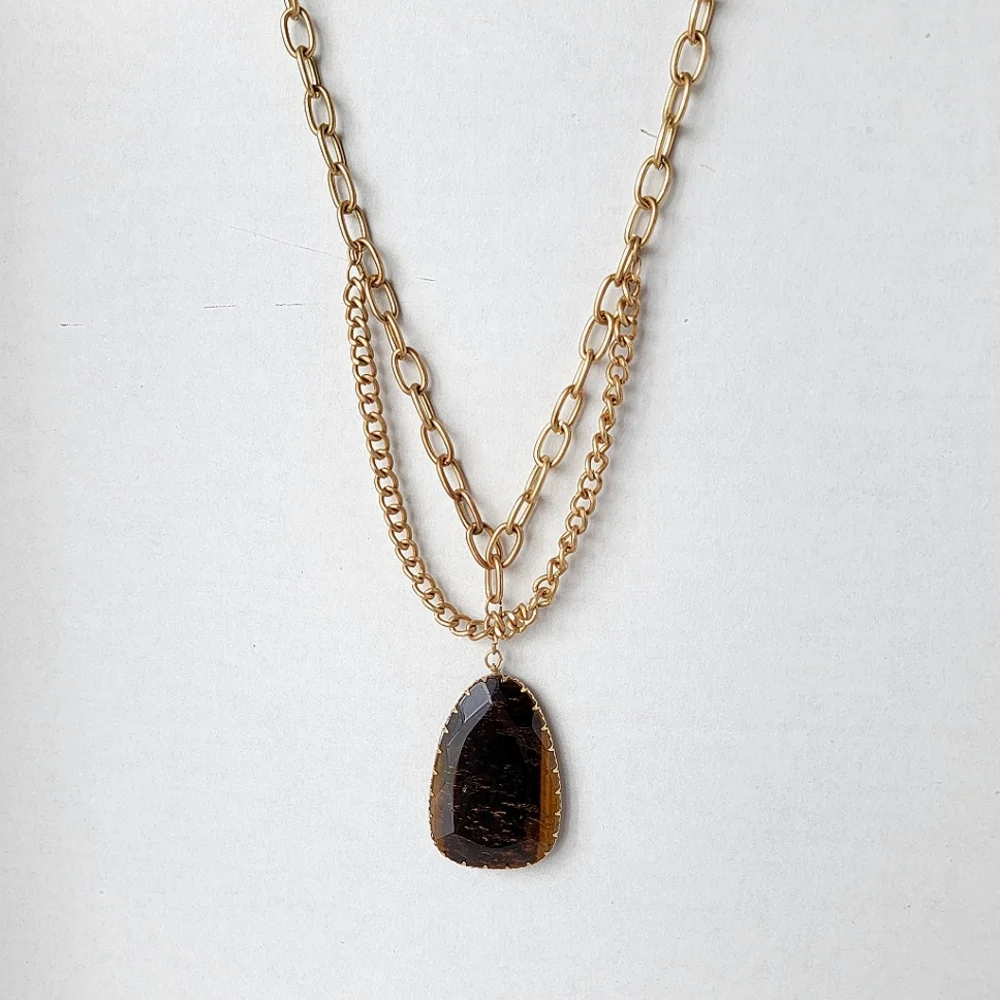 Tigers Eye Pendant Necklace Layered Chain Genuine Stone